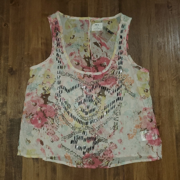 New Women's Pins and Needles Beaded & Sequin Summer Floral Watercolor Blouse Top - Picture 2 of 8
